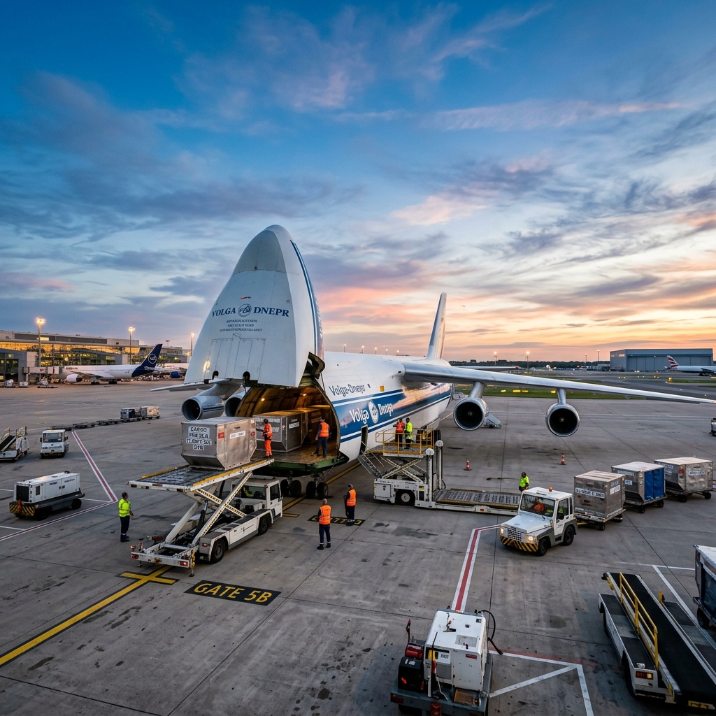 Cargo aircraft being loaded at international airport